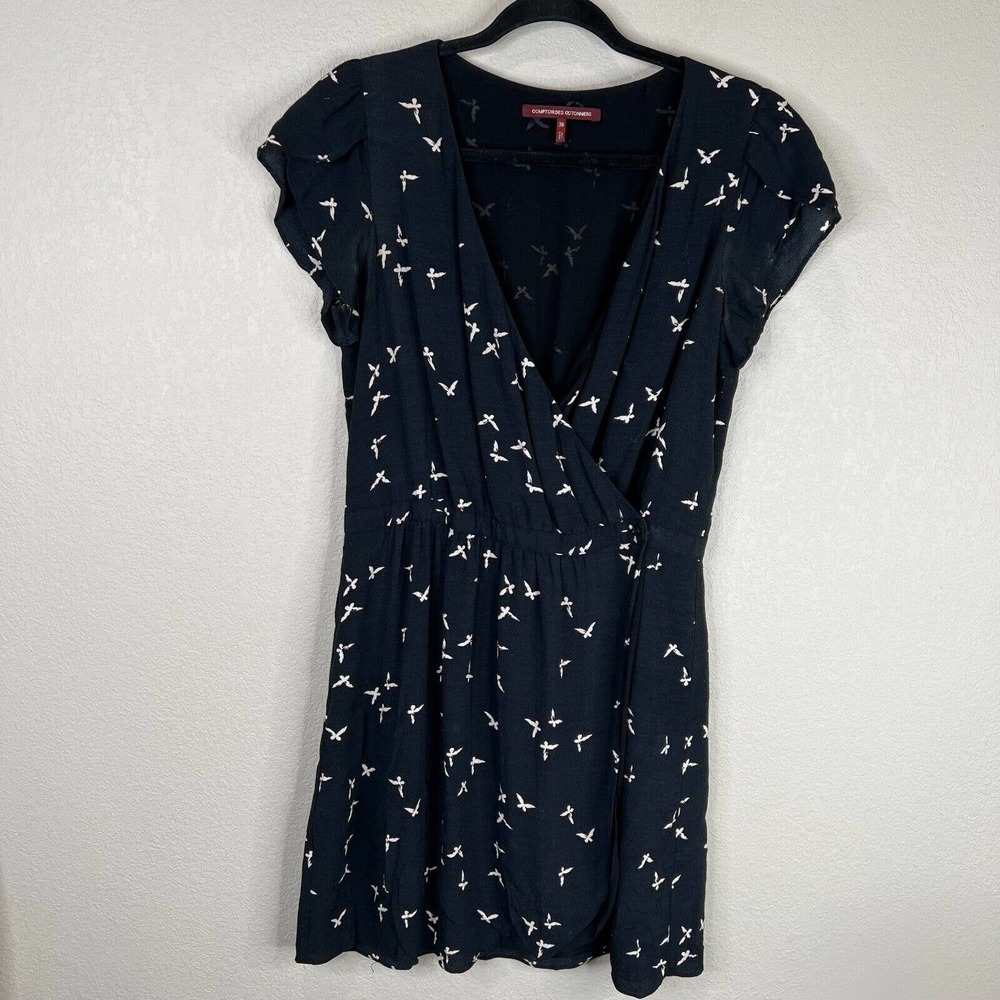 Comptoir des Cottoniers Wrap Dress Size 38 M Black White Bird Print Split Sleeve